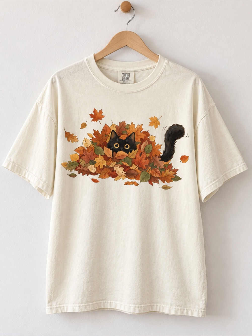 Black Cat Autumn Leaves Comfort Colors Tee Cozy Fall Kitty Tee